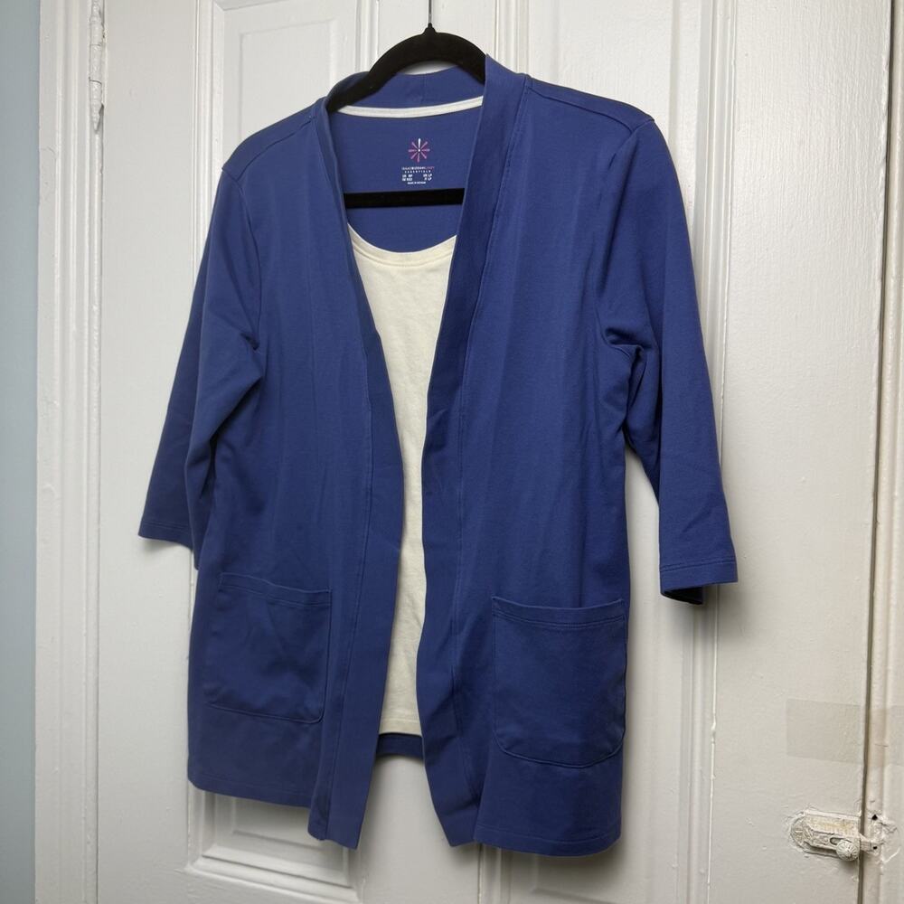 Isaac Mizrahi Live! Cardigan Top Womens Petite Medium Blue Cotton Blend QVC